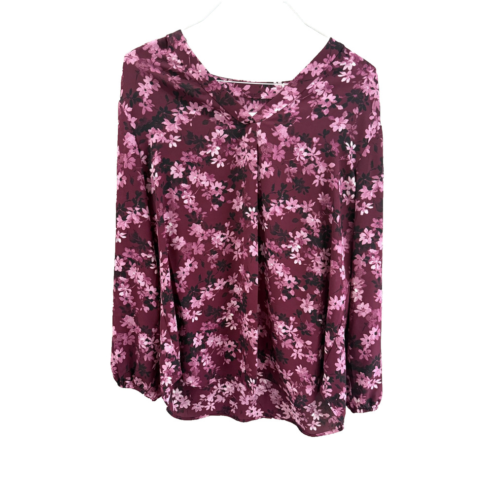 Anne Klein Burgandy/Pink 1X Floral Blouse Sheer Romantic Office Cottagecore